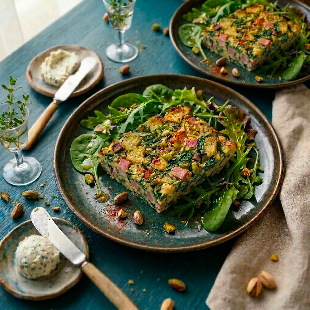 Detailní záběr na lehkou velikonoční nádivku se salátem a pistáciemi na modrém talíři